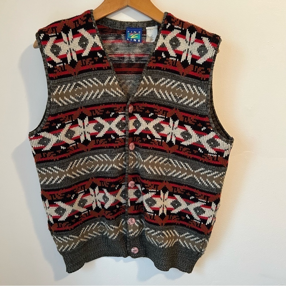 Vintage 80's Fine Line Nordic Pattern Red Green Button-Up Knit Vest - Medium